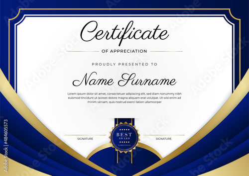 Certificate of appreciation template, gold and blue color. Clean modern certificate with gold badge. Certificate border template with luxury and modern line pattern. Diploma vector template