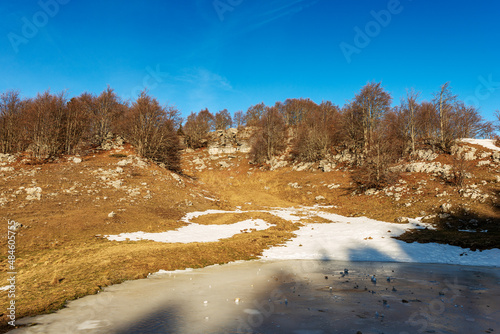 Bare beech trees, rock karst formations, brown pasture and small frozen lake for cows on Lessinia Plateau, Regional Natural Park (Altopiano della Lessinia), Erbezzo, Verona province, Veneto, Italy.