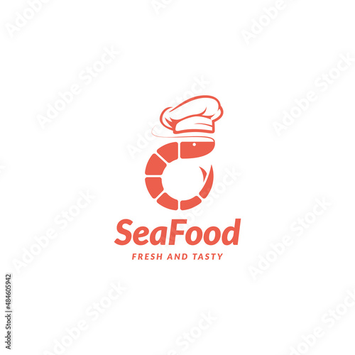 shrimp with chef hat, seafood logo design vector