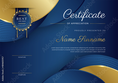 Certificate of appreciation template, gold and blue color. Clean modern certificate with gold badge. Certificate border template with luxury and modern line pattern. Diploma vector template