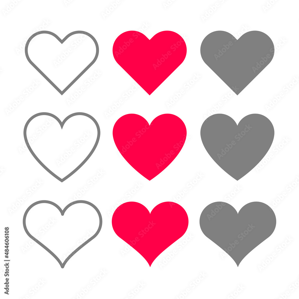 Heart icon. Black, pink and gray hearts buttons for social networks isolated on a white background.