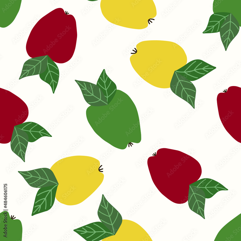 Seamless pattern with green, red and yellow apples and leaves on a light background. Vector hand-drawn illustration.