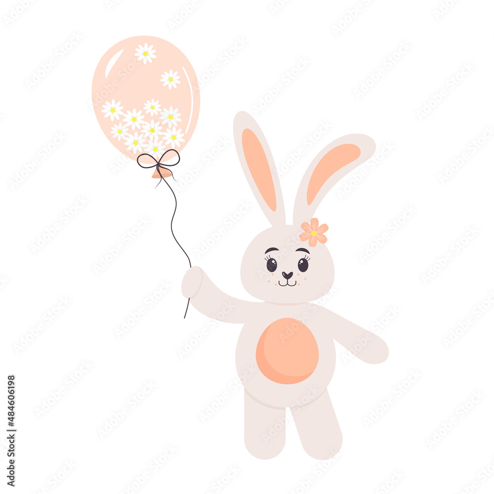 Cute bunny holding a balloon full of chamomiles. Children's character. Easter rabbit. Vector illustration.