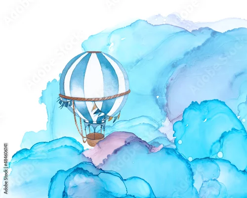 Obraz Watercolor kids card with air balloon and clouds. Hand drawn vintage collage illustration with hot air balloon and clouds in sky. Boys room decor