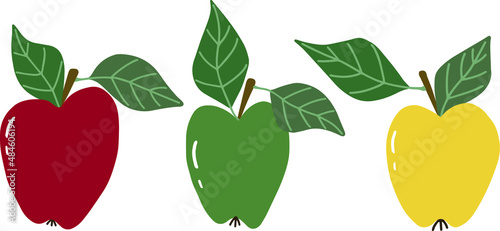 Three apples, red, green and yellow isolated on a white background. Vector illustration, hand drawn.