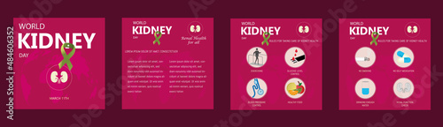 World Kidney Day. Vector illustration for social networks with space for text and healthy living icons for our kidney health.