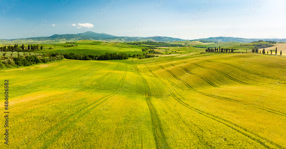 Stunning view of fields and farmlands with small villages on the horizon. Summer rural landscape of rolling hills, curved roads and cypresses of Tuscany, Italy.