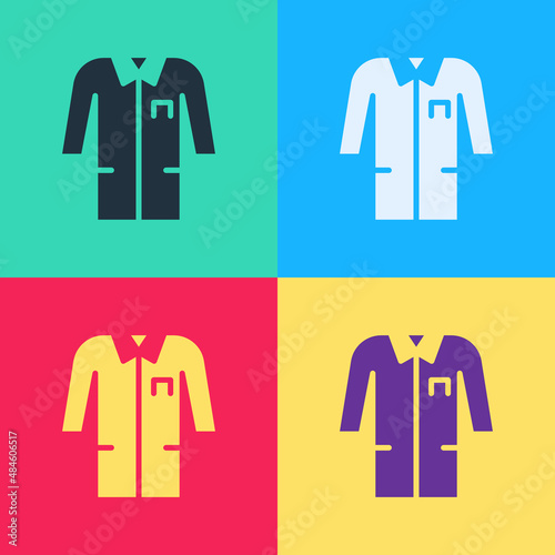 Pop art Laboratory uniform icon isolated on color background. Gown for pharmaceutical research workers. Medical employee equipment. Vector