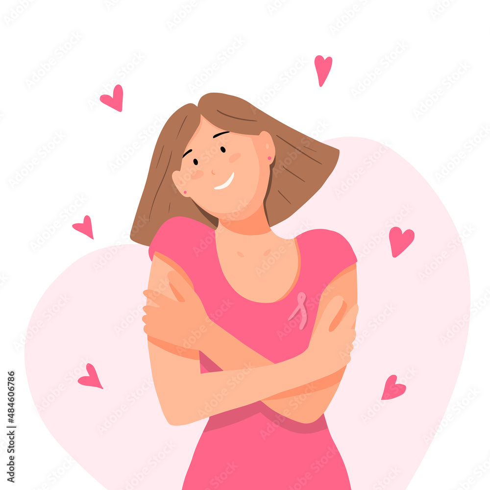 Self love, happy girl hug herself, vector illustration in flat cartoon style. Self-care, body positive. World breast cancer day. Self love, happy girl hug herself, vector illustration in flat cartoon style. Self-care, body positive. World breast cancer day.