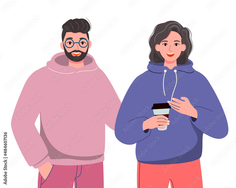 Fototapeta premium A man and a woman are talking together. People communicate. Positive communication of friends. Cartoon flat vector illustration isolated on white background.