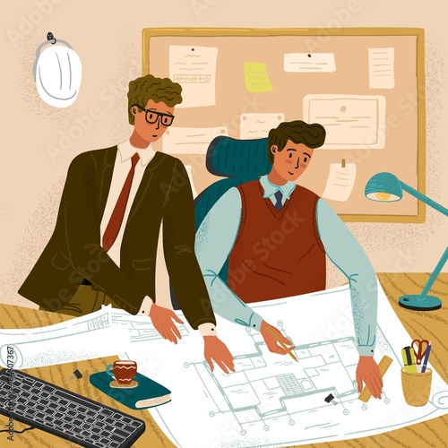 Two architects draw new building project. Construction concept vector illustration. Architectural project planning, development and building. Professional construction engineer service