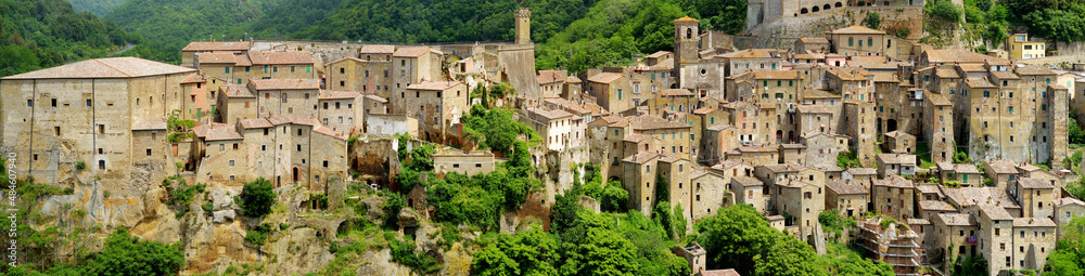 Rooftops of Sorano, an ancient medieval hill town hanging from a tuff stone over the Lente River.