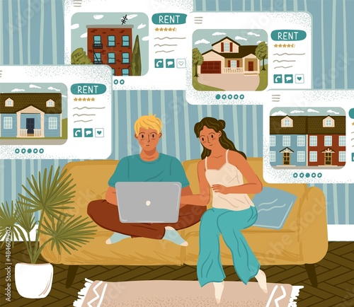 Couple searching house for rent online. Real estate concept vector illustration. Choice of home or apartment by rating. Property rent online service. Online property classifieds and ads