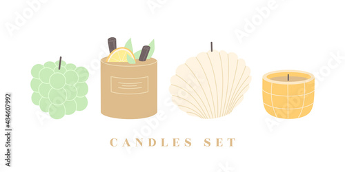 Set of scented candles with natural wax and essential oils. Elements for home interior or aromatherapy. Hand drawn vector illustration isolated on white background. Modern trendy flat cartoon style.