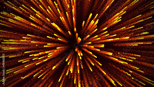 Particle circular explosion. Red and yellow strabust in universe. Abstract data flow background for event, party, carnival, celebration or other. 3D rendering.