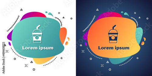 White Milkshake icon isolated on white and blue background. Plastic cup with lid and straw. Abstract banner with liquid shapes. Vector