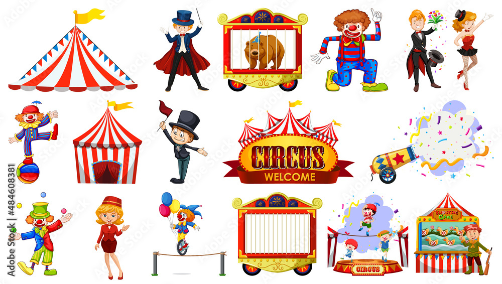 Naklejka premium Set of circus characters and amusement park elements
