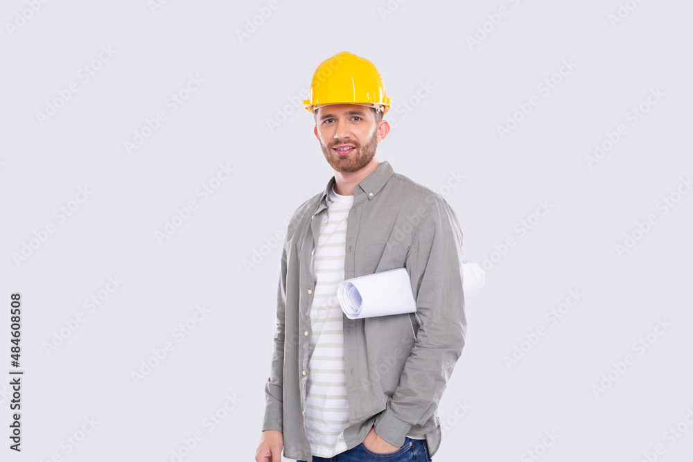 Construction Worker Holding House Plan in Hands. Architect Holding Blueprints. Yellow Hard Helmet. Worker