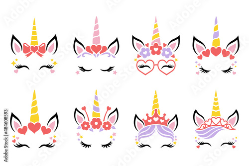 Cute unicorn face vector. Set for Valentines Day. Funny faces with heart, flower wreath, glasses, crown, hair bow,unicorn horn for girls. Magic characters. Illustrations isolated on white background.