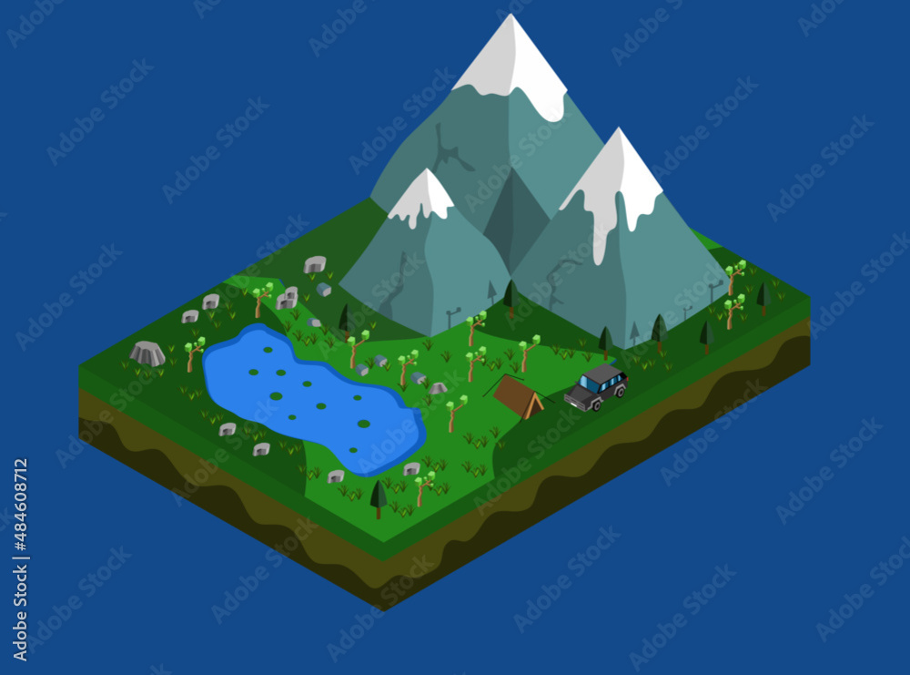 Holidays at vector isomectric landscape. Forest near a lake and mountains. Tents, truck. Vacation holiday concept. Holidays at vector isomectric landscape. Forest near a lake and mountains. Tents, truck. Vacation holiday concept.