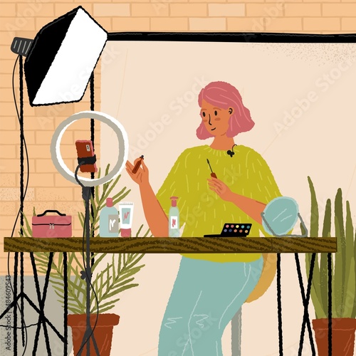 Beauty video blogger recording makeup vlog in her home studio. Female influencer showing cosmetics products in online live stream. Vector illustration with cartoon character. Fashion tutorial