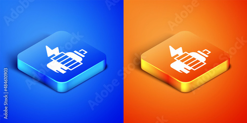 Isometric Electric motor icon isolated on blue and orange background. Square button. Vector
