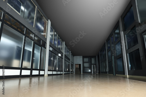 Modern empty office corridor with glass walls