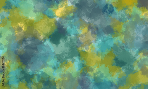 Abstract summer translucent watercolor background in green  blue  purple and yellow tones