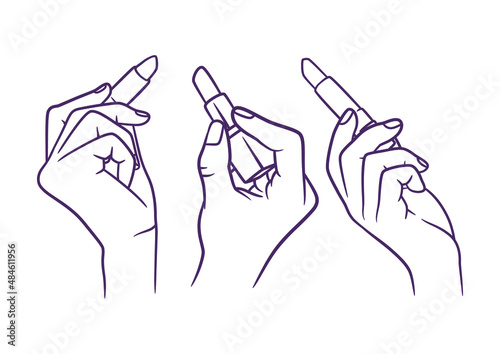 Female hand holding lipstick line art vector illustration set