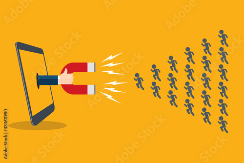 Smartphone screen with hand holding magnet attract new customers icons. Flat social media inbound marketing vector concept