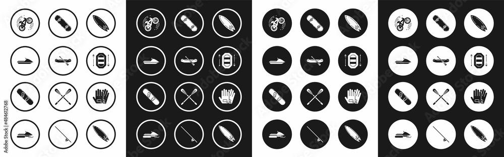 Set Surfboard, Rafting boat, Jet ski, Bicycle trick, Skateboard, Gloves and Snowboard icon. Vector