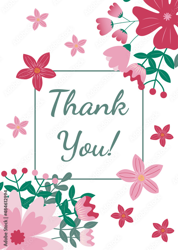 Thank you greeting card with floral ornament on white background