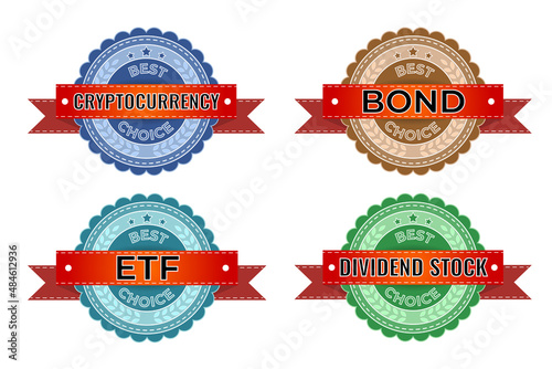 Set of Stock market stamps – Cryptocurrency, Bond, ETF (exchange traded fund), Dividend stock with words Best choice in blue, cyan, green, brown colors