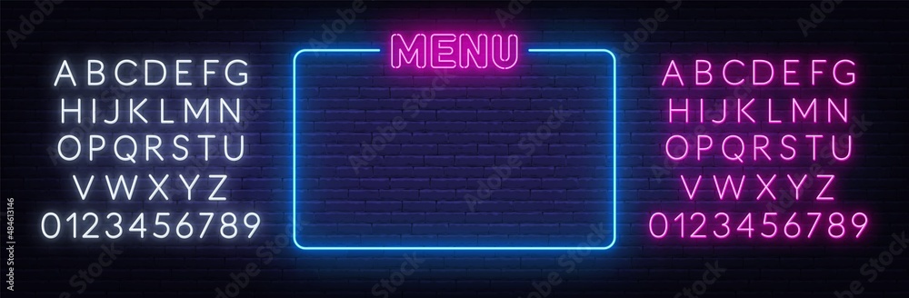 Obraz premium Menu neon sign on brick wall background