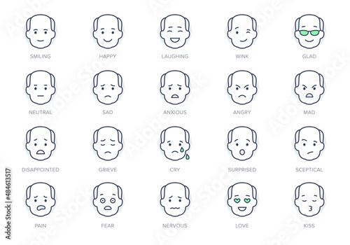 Emoticons line icons. Vector illustration include icon - mental health, worry, laugh, disappointed mood, confused, outline pictogram for old man character expression. Green Color, Editable Stroke