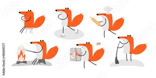 Happy fox set. Cartoon funny red fox. Fox drinks tea, ice skates, cleans, roasts marshmellow, gives gifts. Colored Vector illustration on white background For greeting card, poster, congratulations.