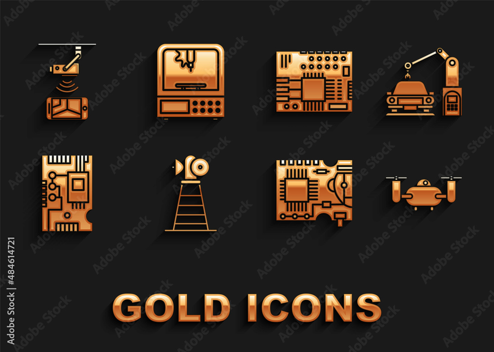 Set Antenna, Drone flying with action camera, Printed circuit board PCB, Electronic computer components motherboard digital chip, Wireless Controlling CCTV security and 3D printer icon. Vector Set Antenna, Drone flying with action camera, Printed circuit board PCB, Electronic computer components motherboard digital chip, Wireless Controlling CCTV security and 3D printer icon. Vector