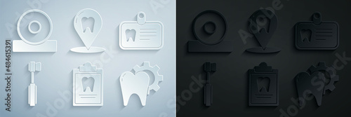 Set Clipboard with dental card, Id tooth, Toothbrush, treatment procedure, Dental clinic location and Otolaryngological head reflector icon. Vector
