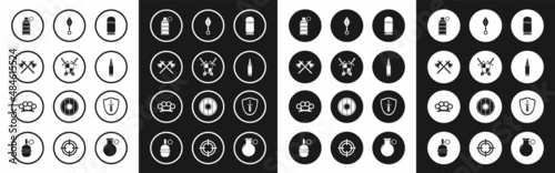 Set Cartridges, Medieval shield with crossed swords, Crossed medieval axes, Hand grenade, Bullet, Japanese ninja shuriken, and Brass knuckles icon. Vector