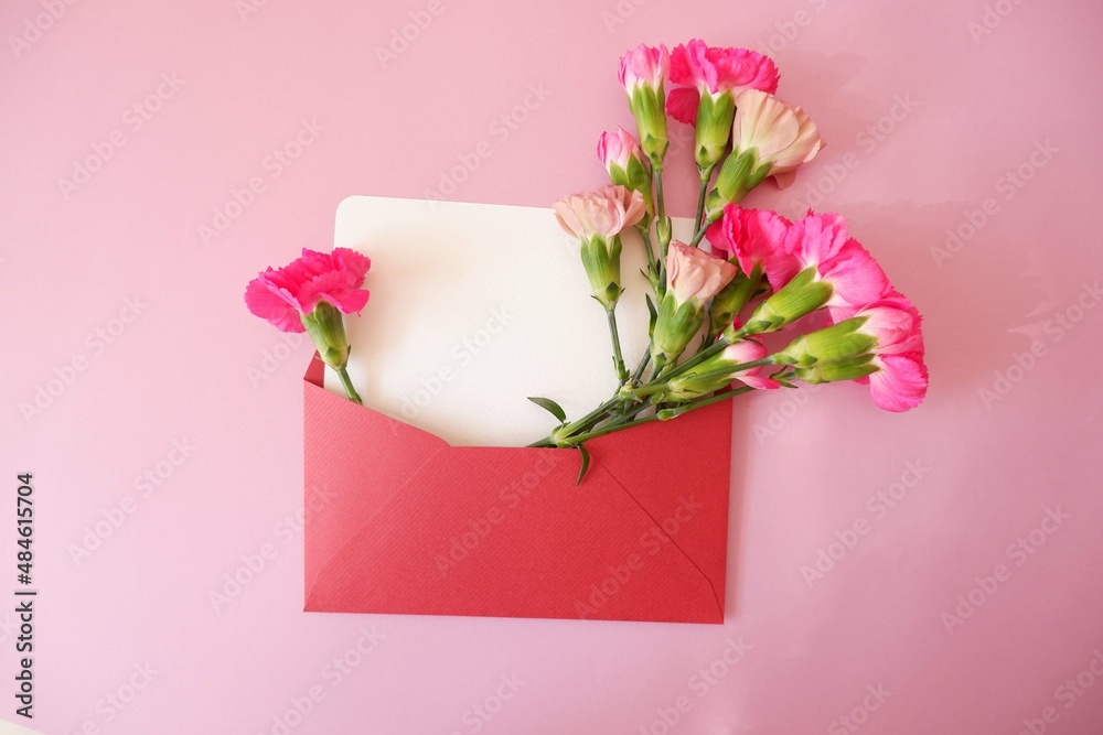 Pink Carnation flowers with blank card on pink background. Women's day, Mother's day, spring event floral background. Colorful floral composition with blank message card. Pink Carnation flowers with blank card on pink background. Women's day, Mother's day, spring event floral background. Colorful floral composition with blank message card.