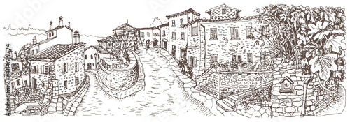 Vector traced sketch of an ancient street buildings in the small European southern town. Black and white illustration for coloring book page