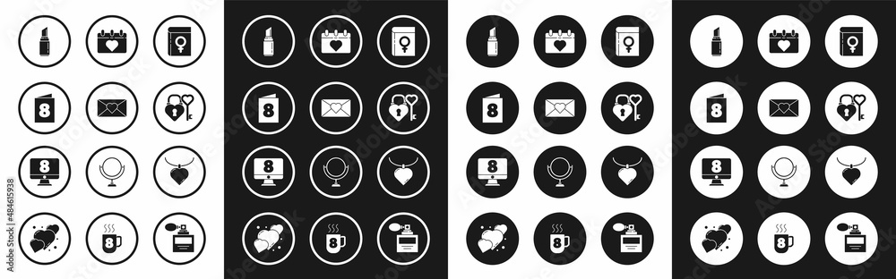 Set Book about women, Envelope with 8 March, Greeting card, Lipstick, Castle and key heart shape, Calendar, Necklace shaped pendant and on monitore icon. Vector Set Book about women, Envelope with 8 March, Greeting card, Lipstick, Castle and key heart shape, Calendar, Necklace shaped pendant and on monitore icon. Vector