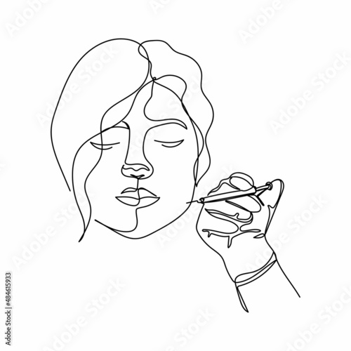 Continuous one simple single abstract line drawing of woman making anti aging injections icon in silhouette on a white background. Linear stylized.