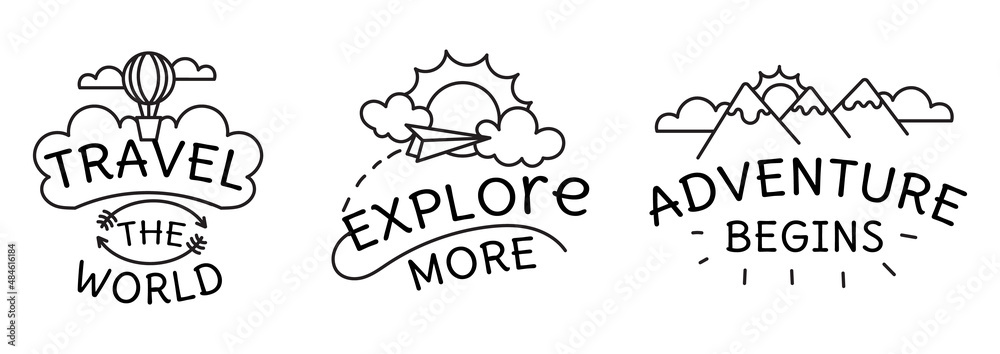 A set of icons with the text of the journey. Travel the world, explore more, the adventure begins. Isolated on a white background in the style of doodle, cartoon, line. A set of icons with the text of the journey. Travel the world, explore more, the adventure begins. Isolated on a white background in the style of doodle, cartoon, line.