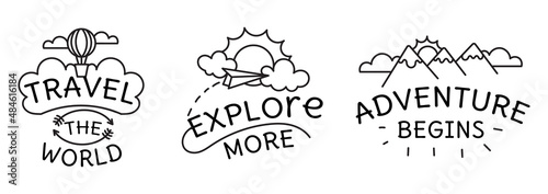 A set of icons with the text of the journey. Travel the world  explore more  the adventure begins. Isolated on a white background in the style of doodle  cartoon  line.