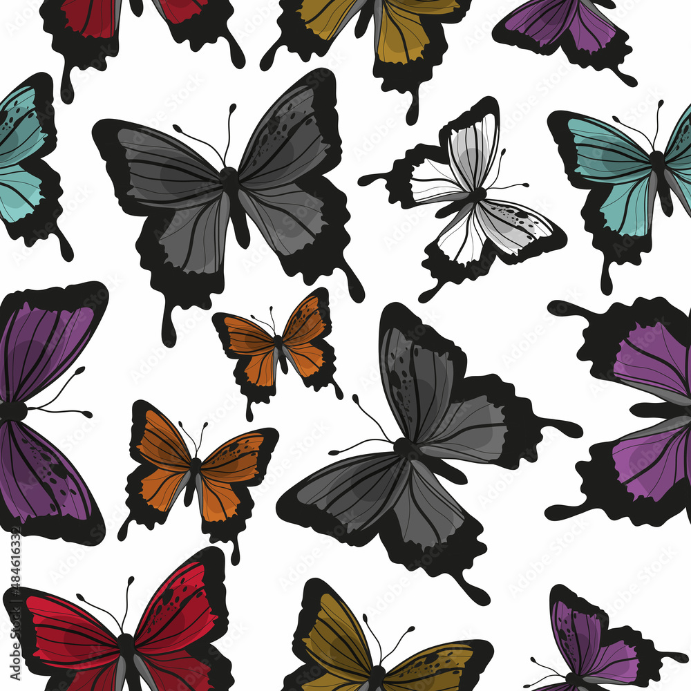 Seamless butterfly pattern. Vector illustration of animals. Fantastic, colorful insects. Beautiful wings.