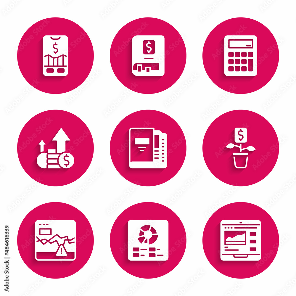Set Office folders, Pie chart infographic, Trading courses, Dollar plant, Failure stocks market, Financial growth and coin, Calculator and Mobile trading icon. Vector Set Office folders, Pie chart infographic, Trading courses, Dollar plant, Failure stocks market, Financial growth and coin, Calculator and Mobile trading icon. Vector
