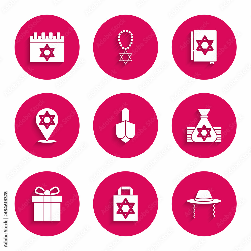 Set Hanukkah dreidel, Shopping bag with star of david, Orthodox jewish hat, Jewish money, Gift box, Star David, torah book and calendar icon. Vector Set Hanukkah dreidel, Shopping bag with star of david, Orthodox jewish hat, Jewish money, Gift box, Star David, torah book and calendar icon. Vector