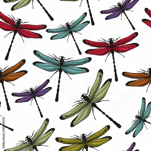 Seamless dragonfly pattern. Vector illustration of animals. Fantastic, colorful insects. Transparent wings.