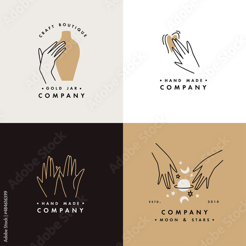 Vector design linear template logos or emblems - hands in in different gestures. Abstract symbol for cosmetics and packaging or beauty products.